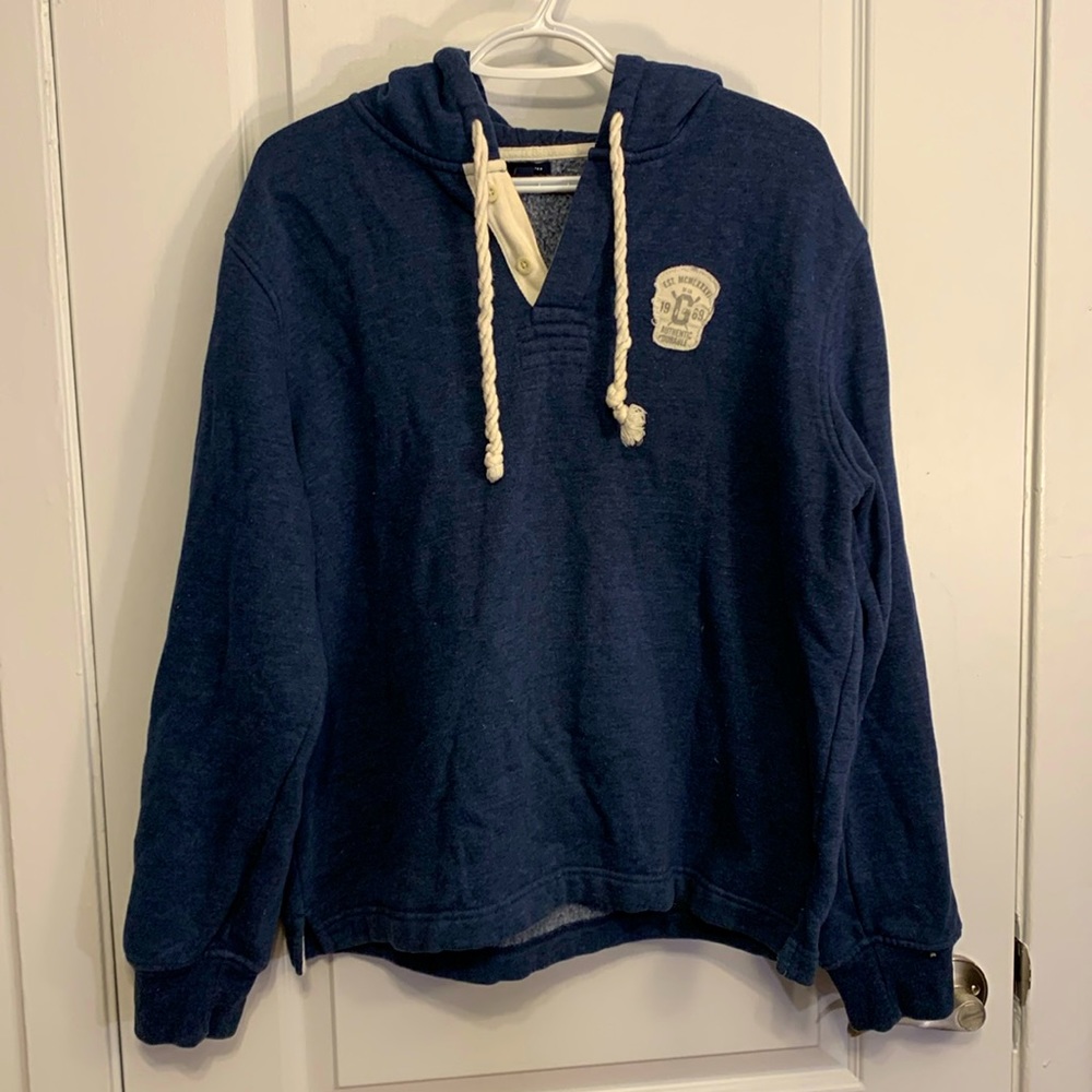 Gap Patch Logo 1/2 Button Hooded Sweatshirt, Heather Blue, size Large